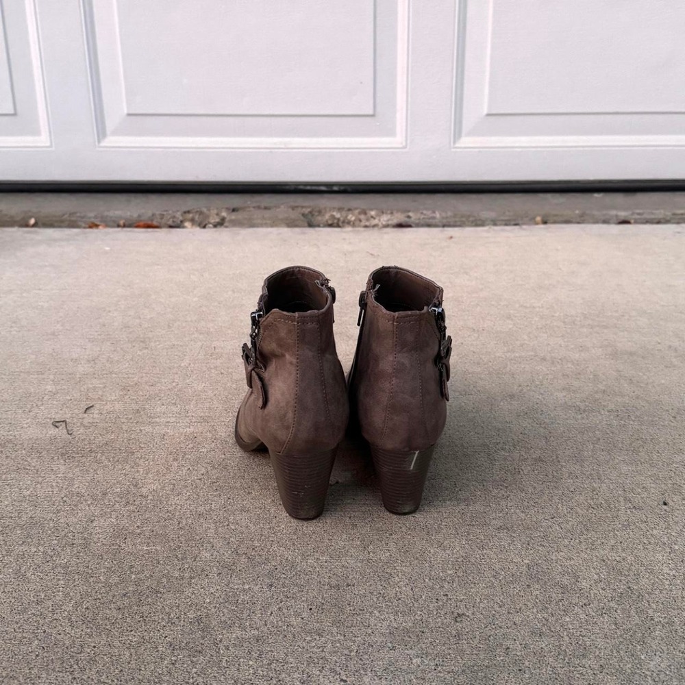 BEIGE G BY GUESS FAUX SUEDE BUCKLE ANKLE BOOTS - Picture 2 of 6